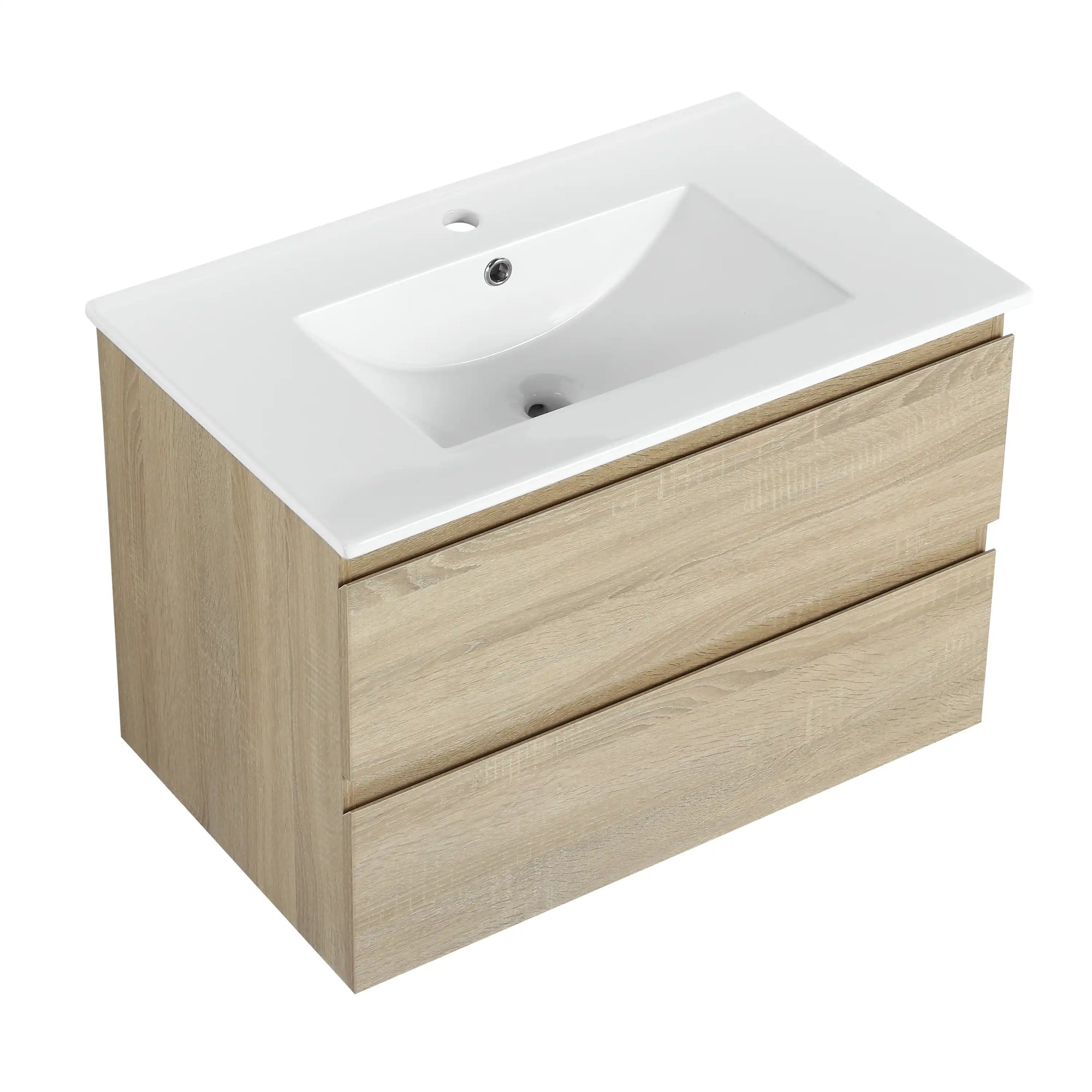 LumaOak Series 30" Light Oak Wall-Mounted Bathroom Vanity with Ceramic Sink &amp; Soft-Close Drawers