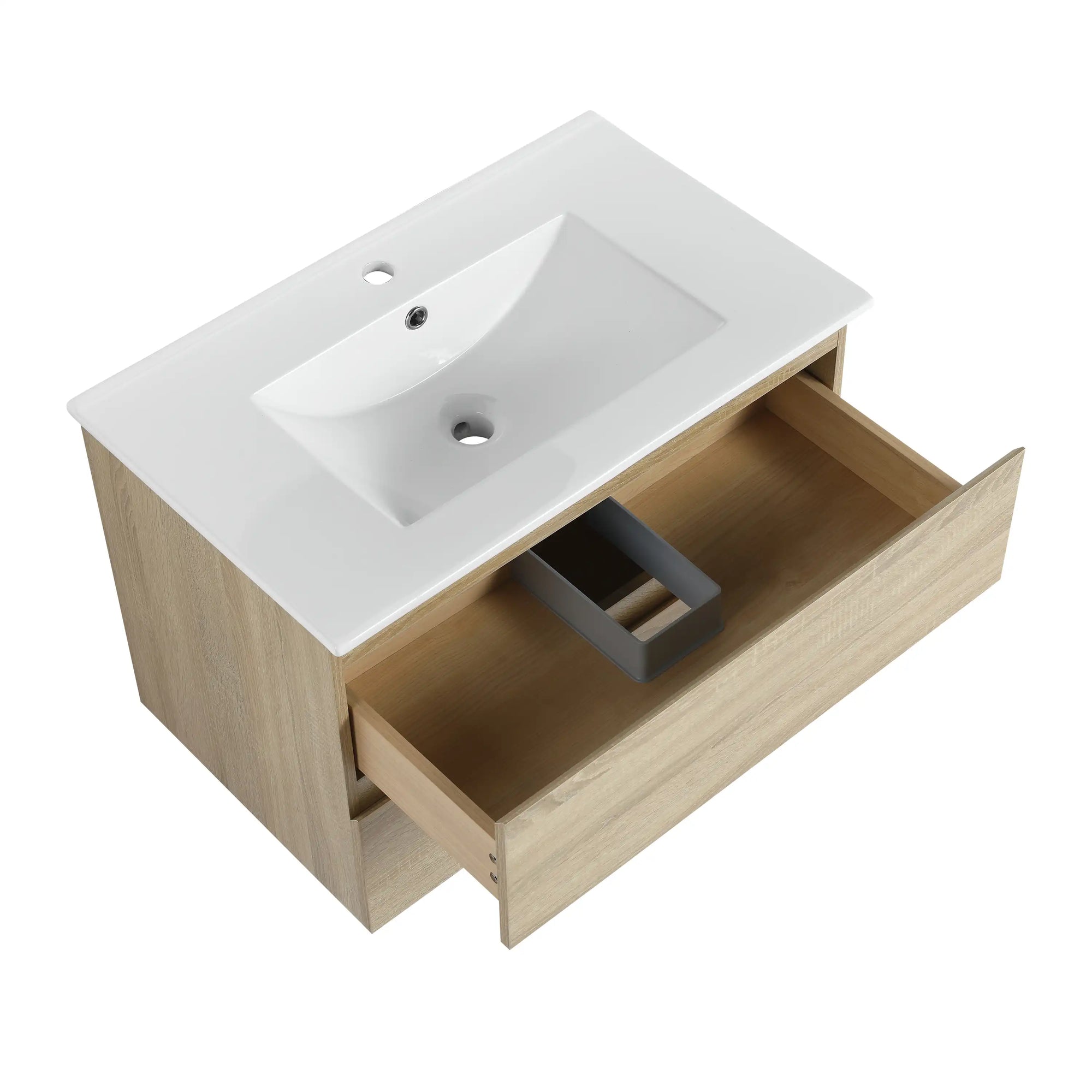 LumaOak Series 30" Light Oak Wall-Mounted Bathroom Vanity with Ceramic Sink &amp; Soft-Close Drawers