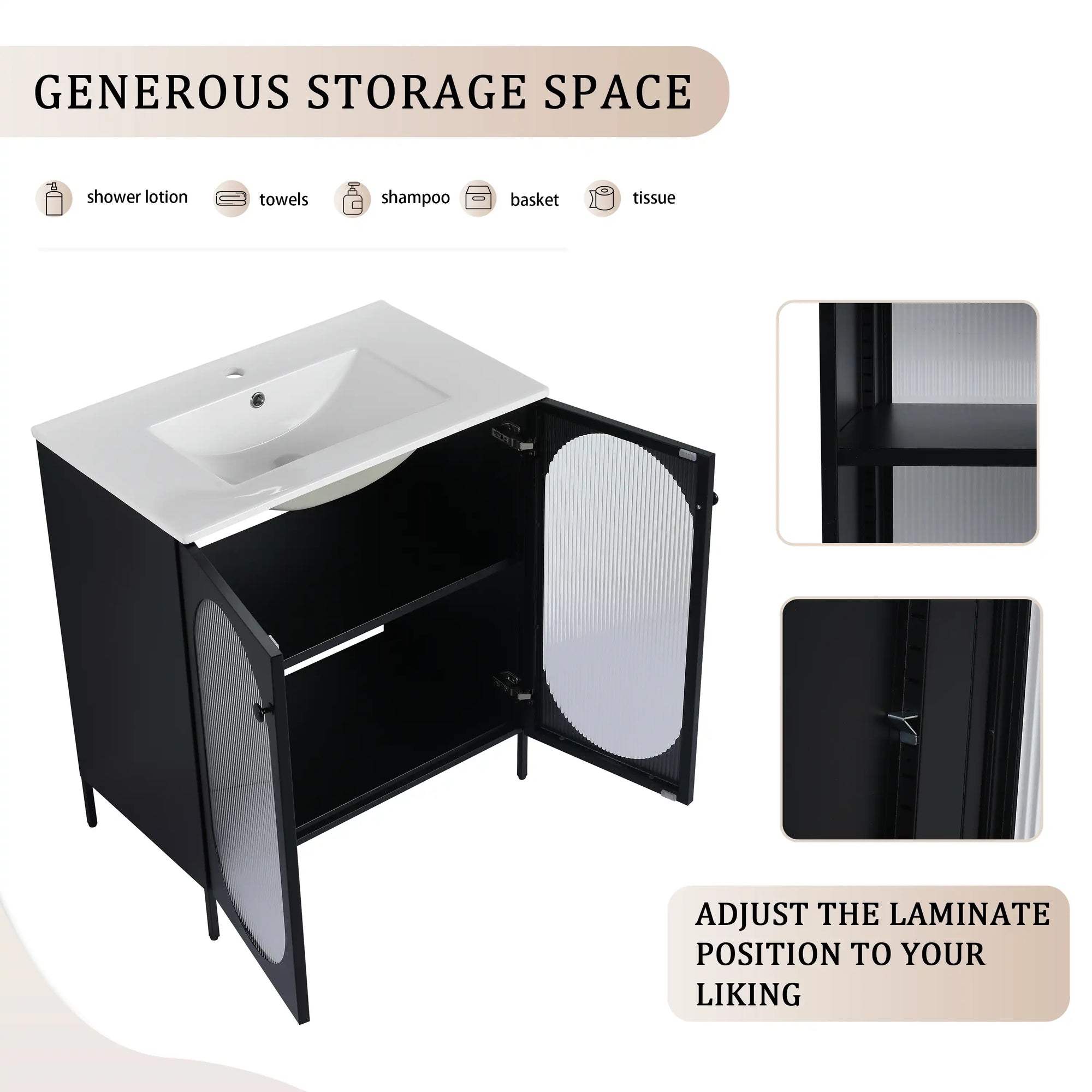 Open cabinet storage of 30" freestanding makeup vanity with adjustable shelf | Ace Decor