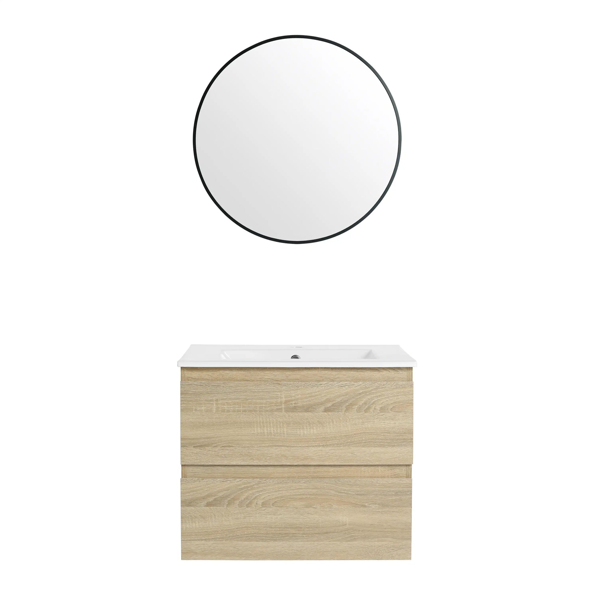 24 inch bathroom vanity with drawers and round mirror, front view | Ace Decor