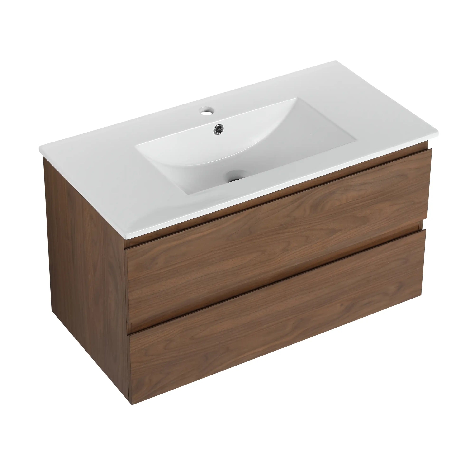 36" wall mounted bathroom vanity with sink, brown oak finish and ceramic basin | Ace Decor