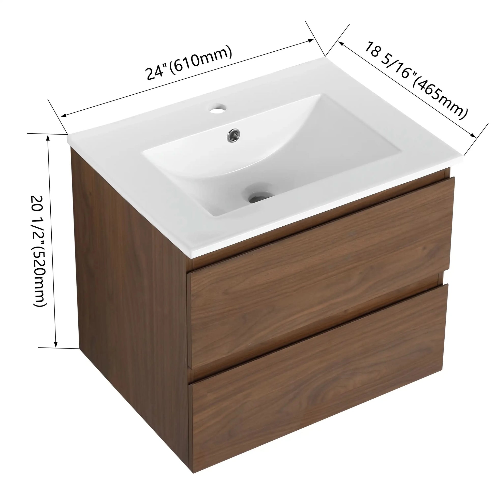 Brown Oak Wall-Mounted Vanity with Ceramic Sink size: 24 X 18