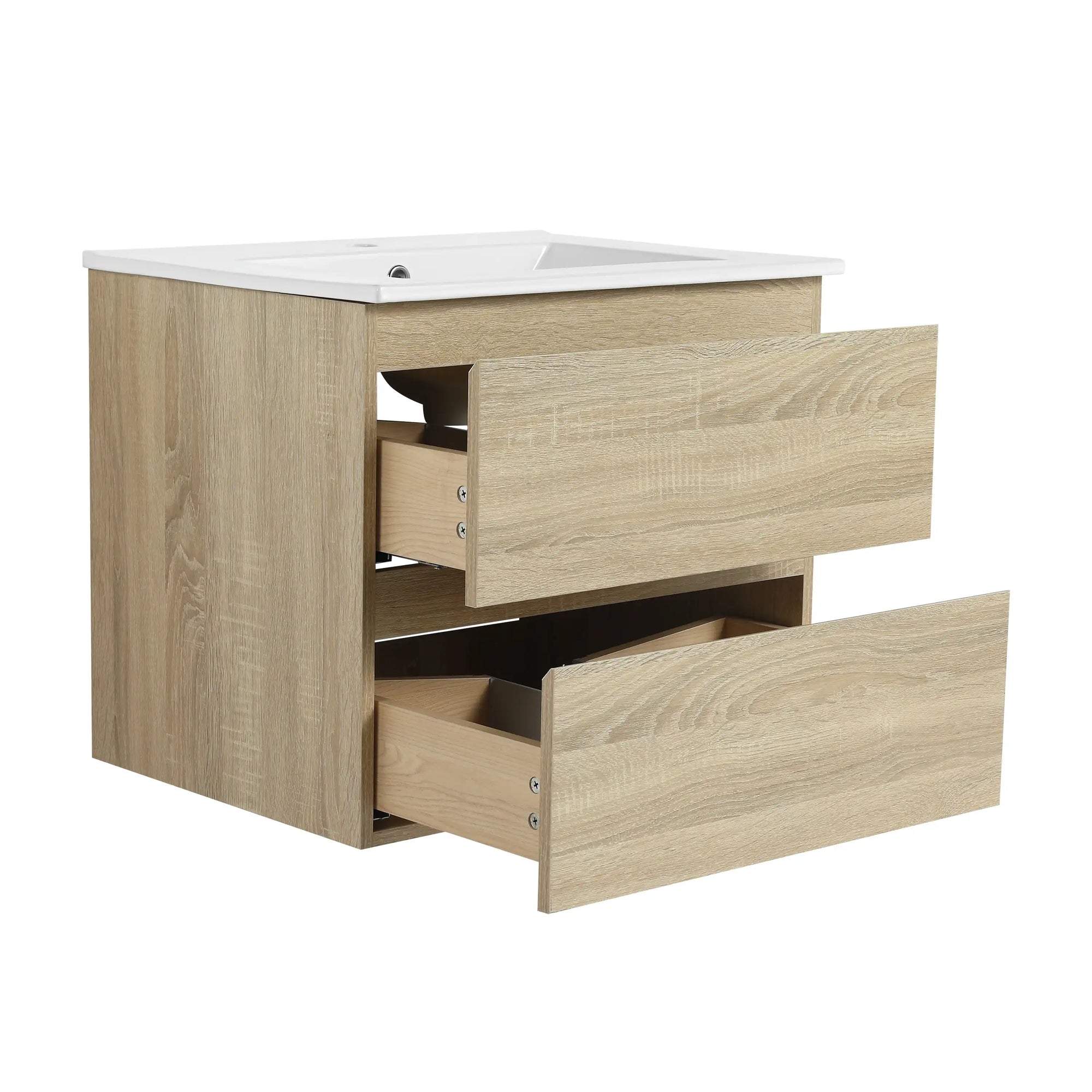 Angled view of 24 inch bathroom vanity with drawers, drawers open | Ace Decor
