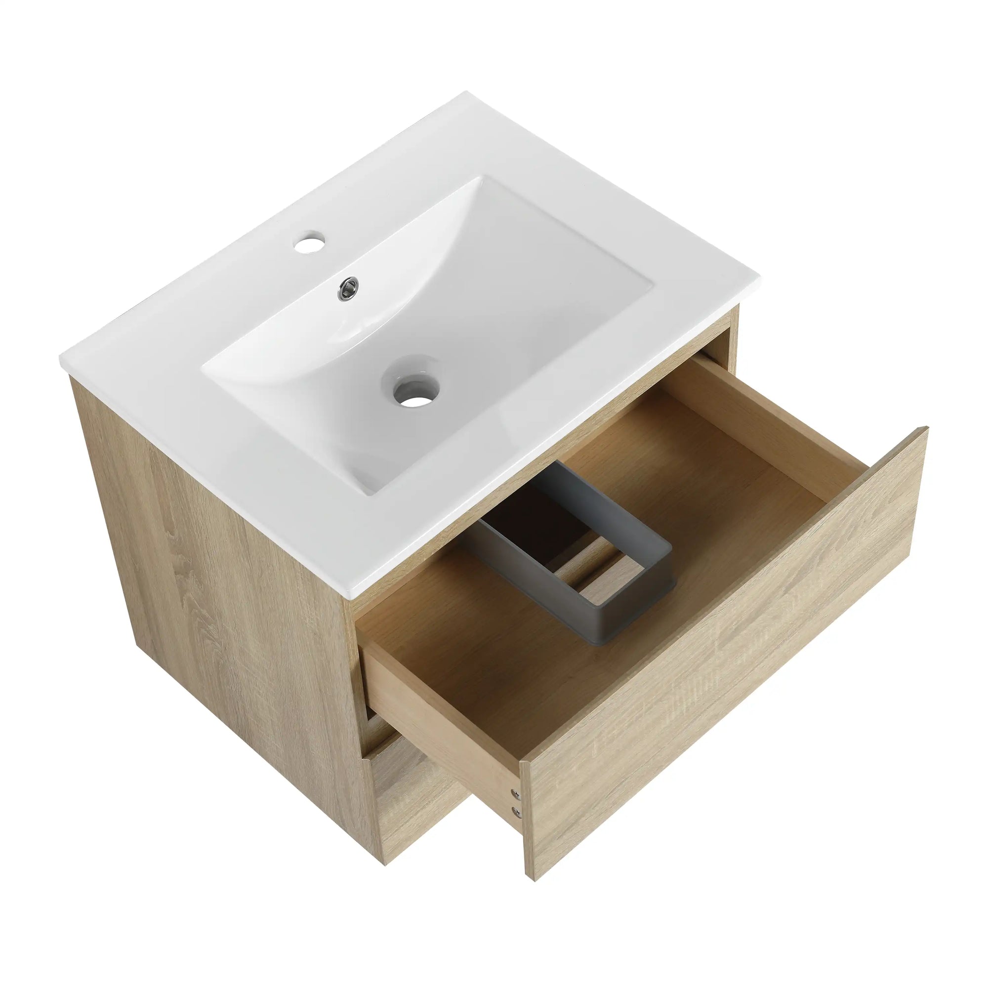 Top angled view of 24 inch bathroom vanity with drawers, upper drawer open | Ace Decor