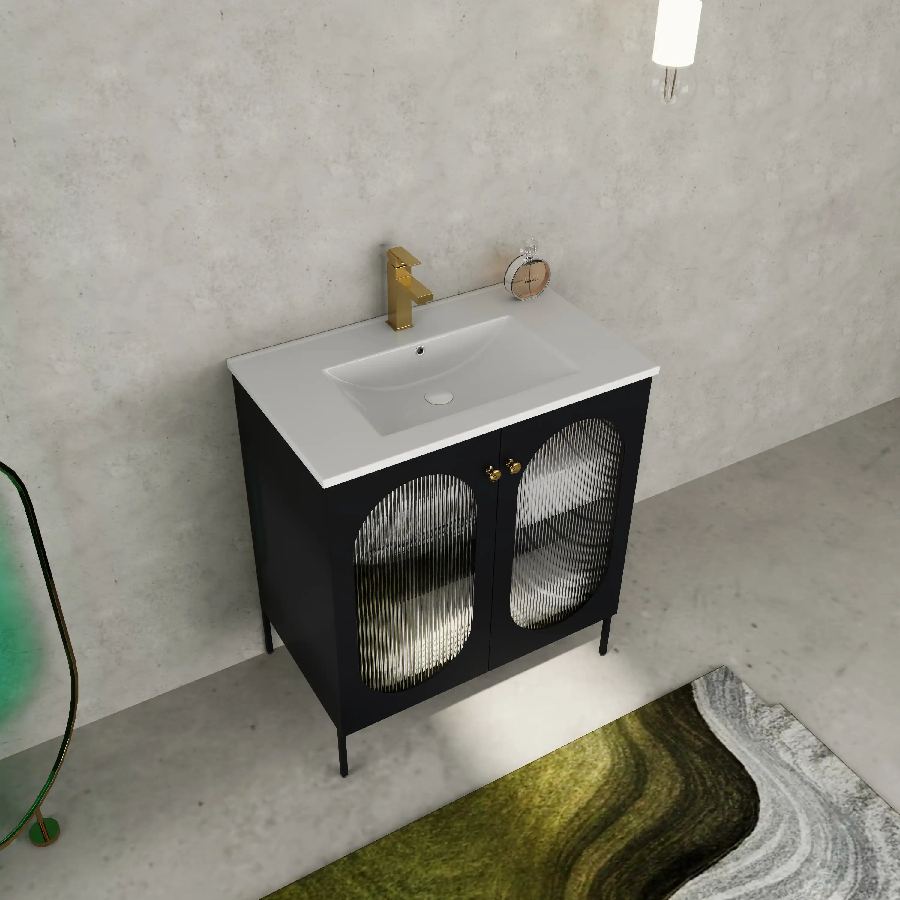 Angled top view of 30" black makeup vanity with ceramic sink and ribbed acrylic doors.