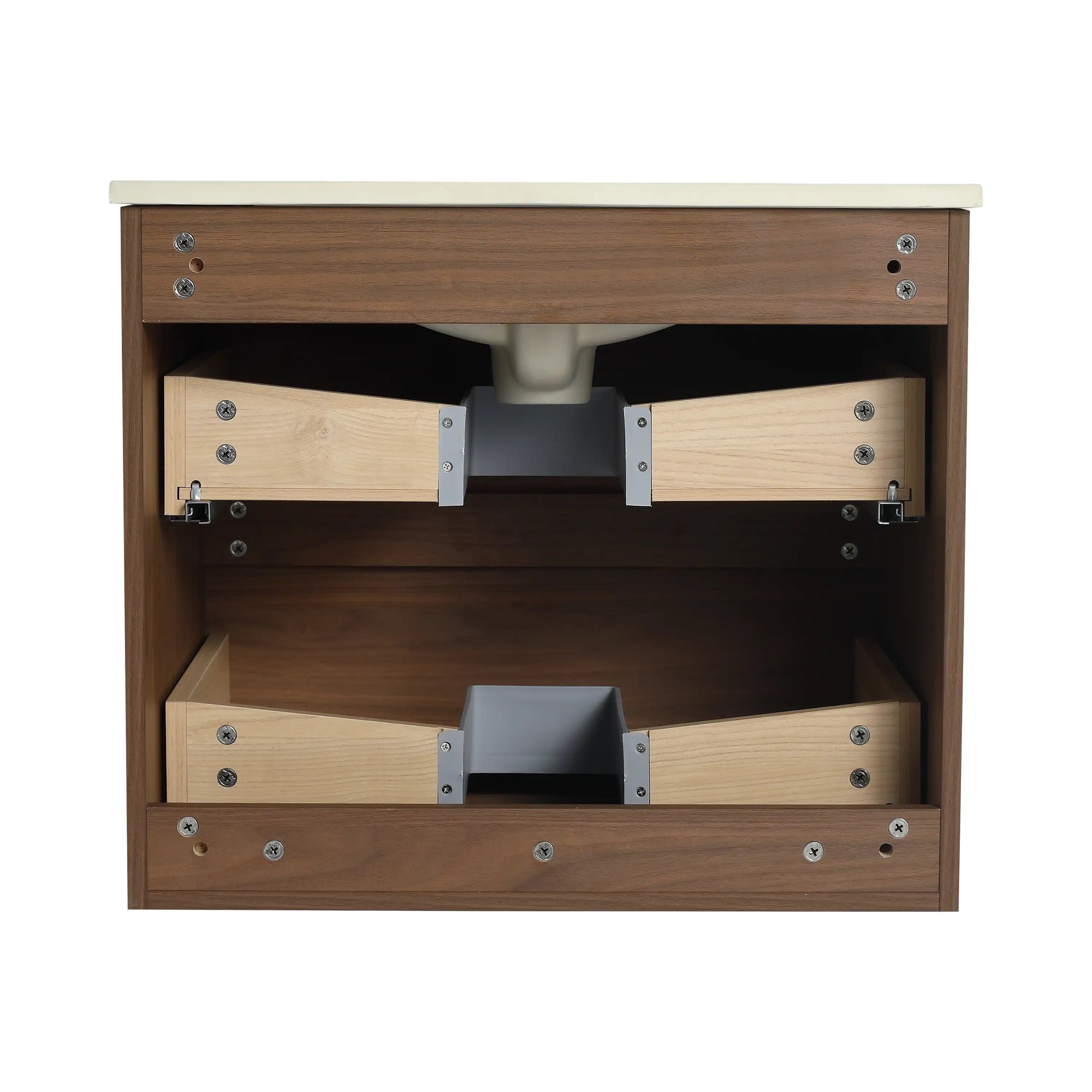 24 inch bathroom vanity interior plumbing and drawer structure view | Ace Decor