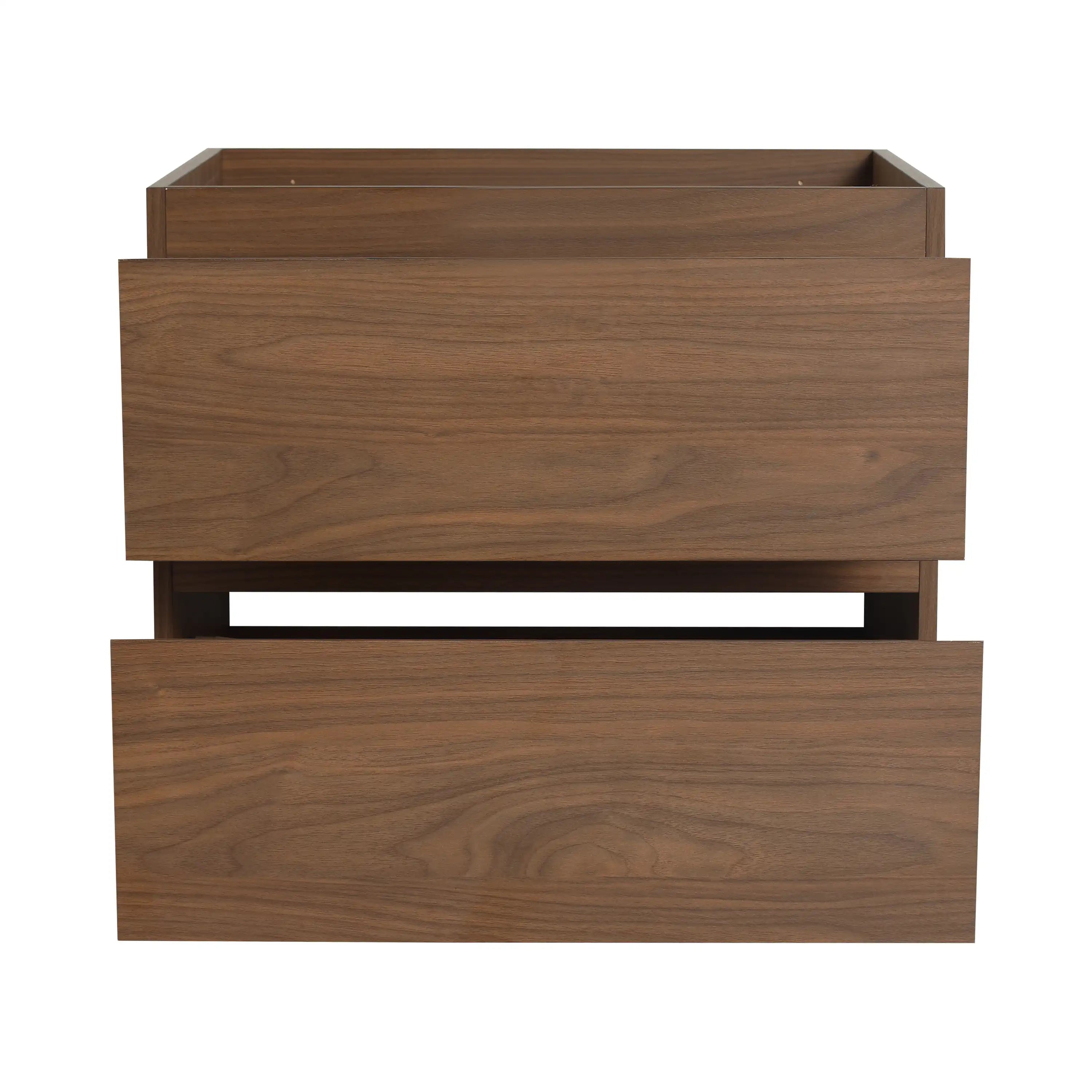 24 inch bathroom vanity front view with drawers partially open showing ample storage.