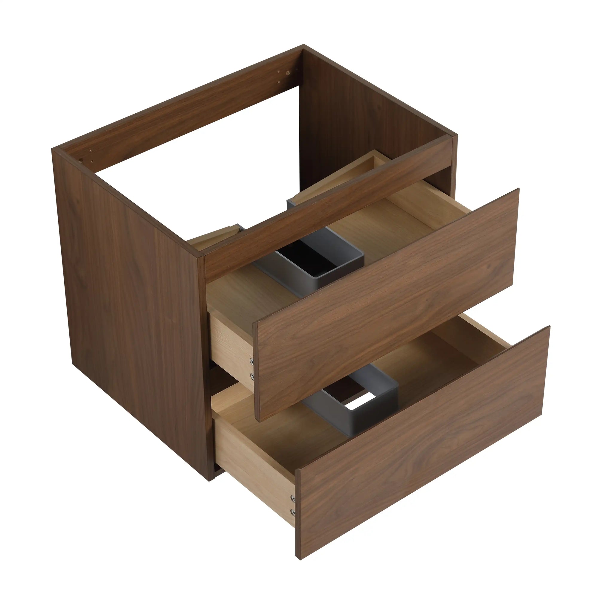 24 inch bathroom vanity brown oak drawers open side view | Ace Decor