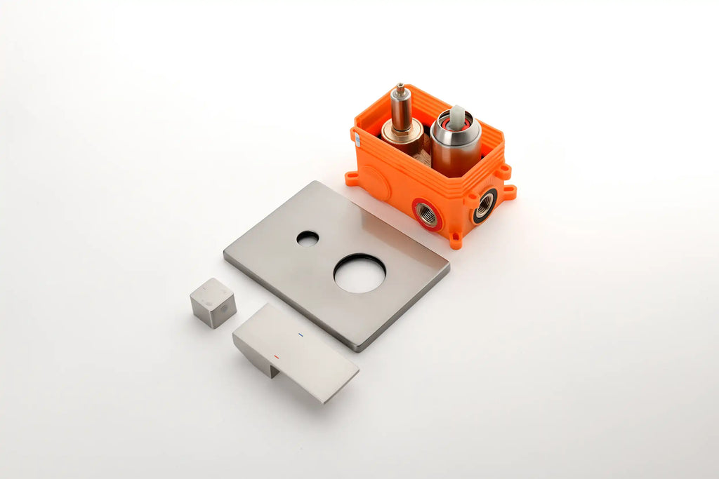 Exploded view of brass pressure-balance shower valve with trim plate and components.