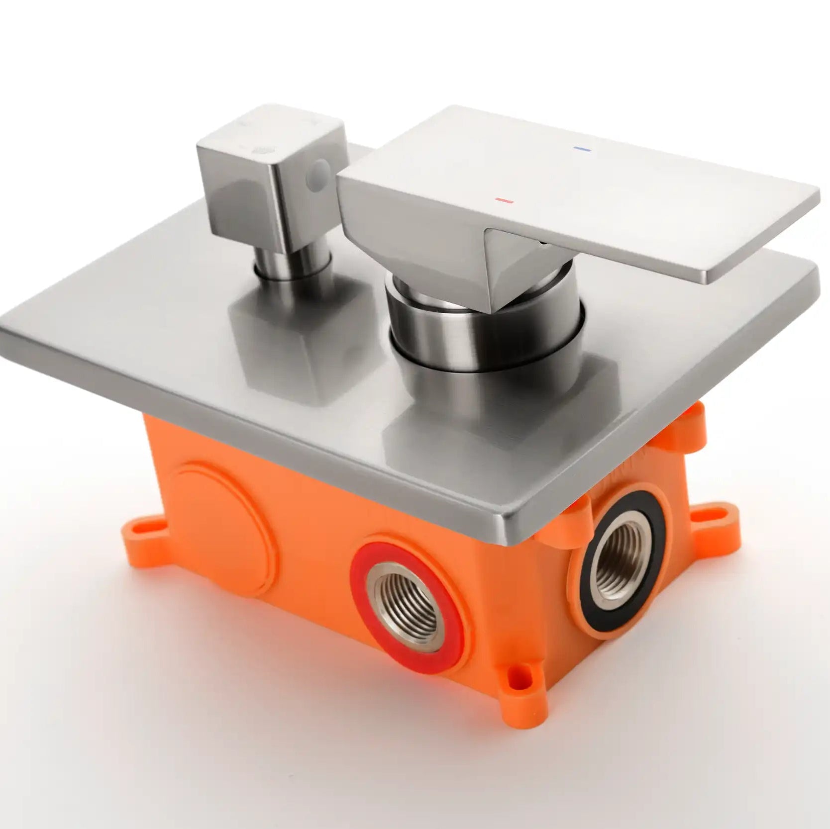 Side-angle view of brushed nickel pressure-balance shower valve body.