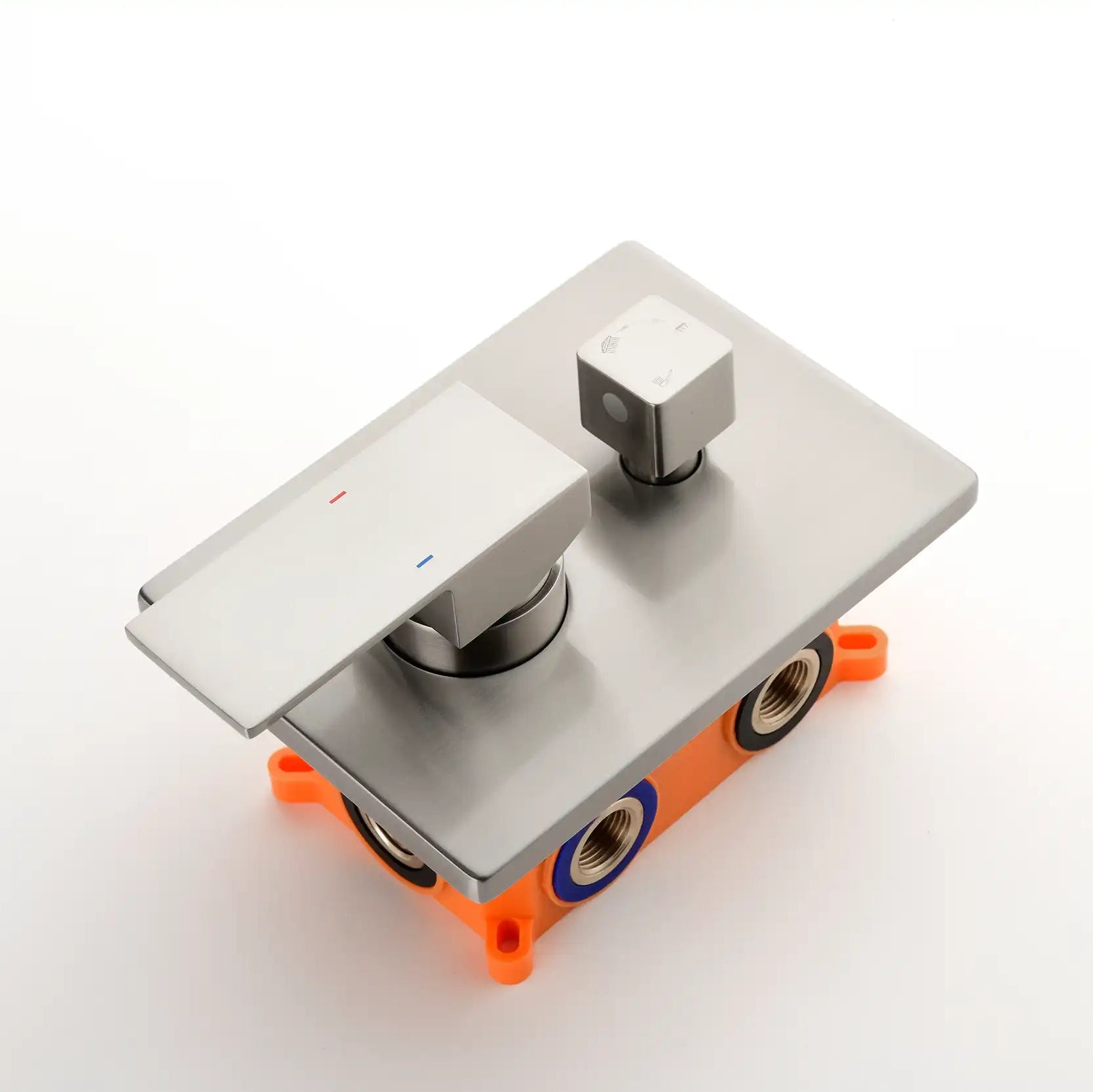 Front view of the solid brass 3-way shower diverter valve body.