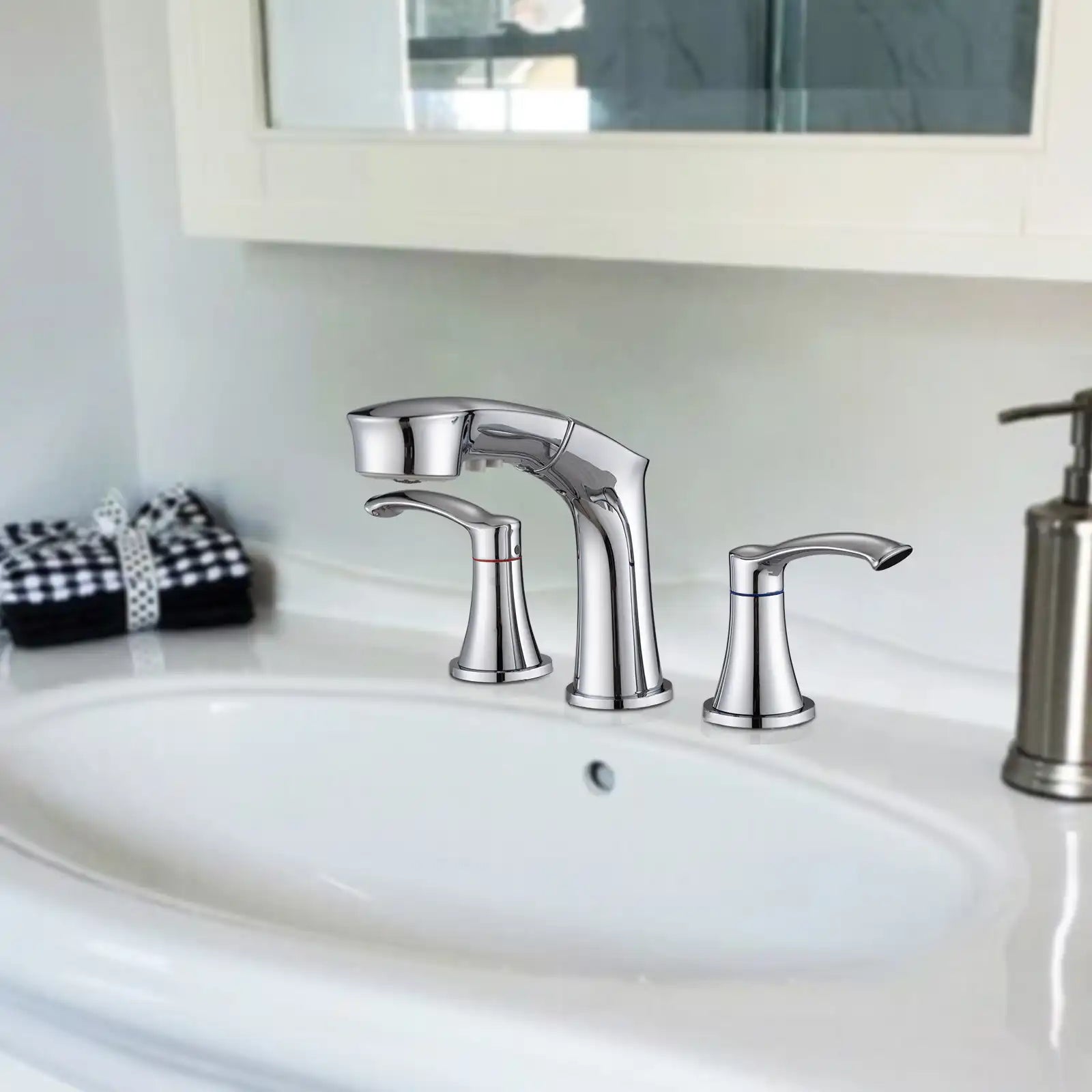 Harbor Series chrome bathroom sink faucet installed on vanity