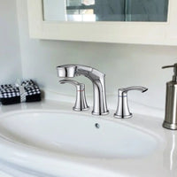 Harbor Series chrome bathroom sink faucet installed on vanity