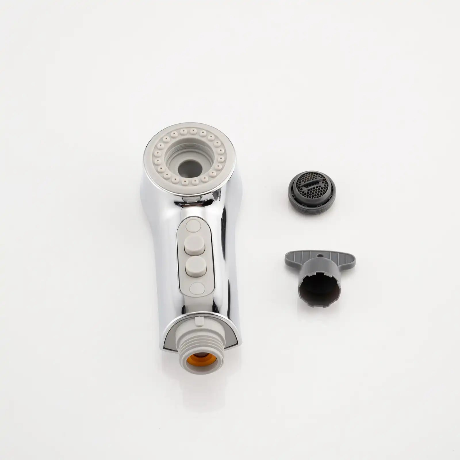 Replacement spray head with buttons and detachable parts for chrome bathroom faucet, designed for smooth water control and modern style | Ace Decor