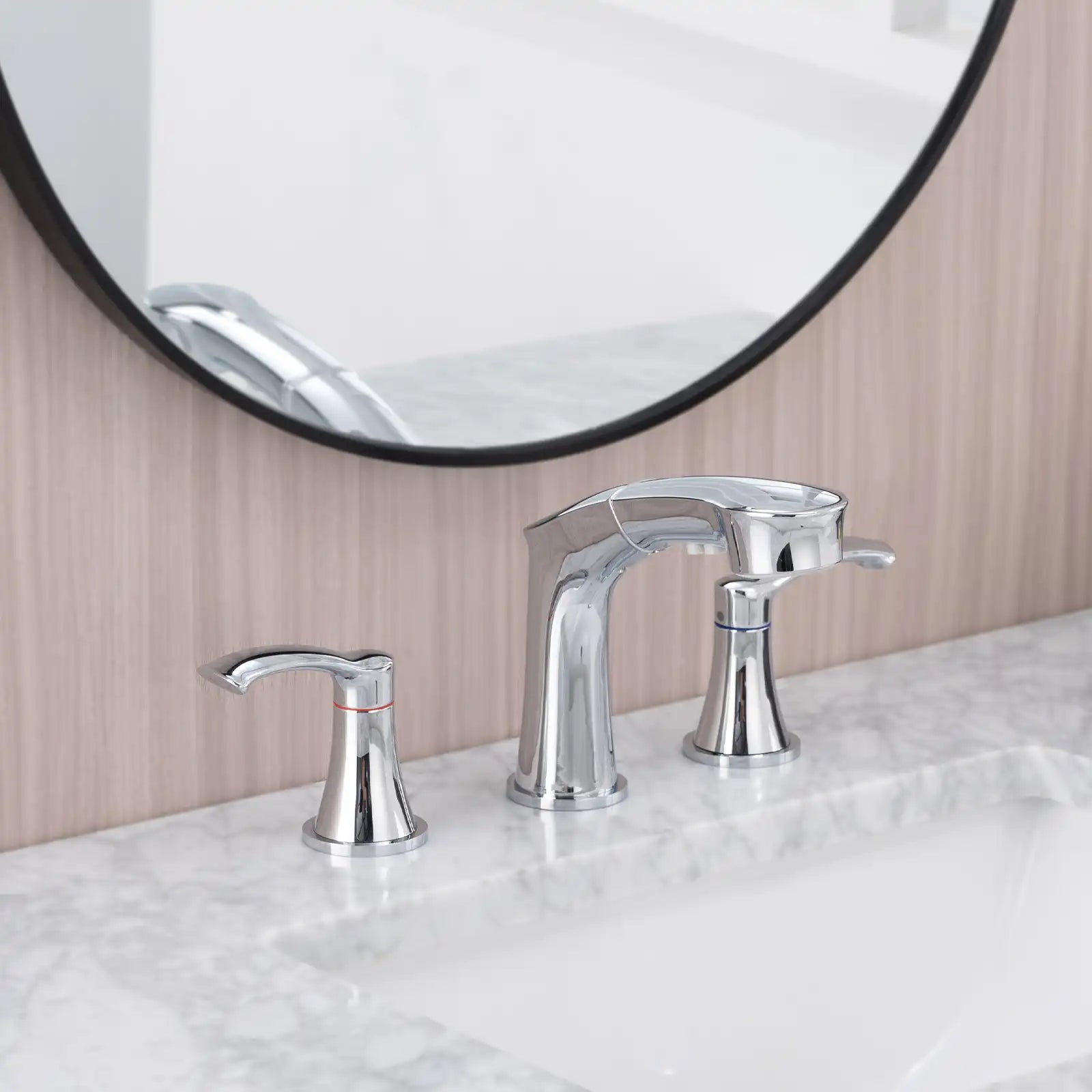 Harbor Series chrome widespread bathroom faucet with dual handles in modern bathroom