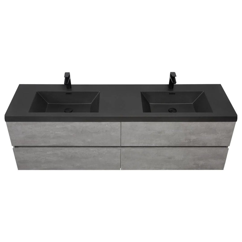 71" Dark Grey Floating Bathroom Vanity with 2 Matte Black Quartz Sinks