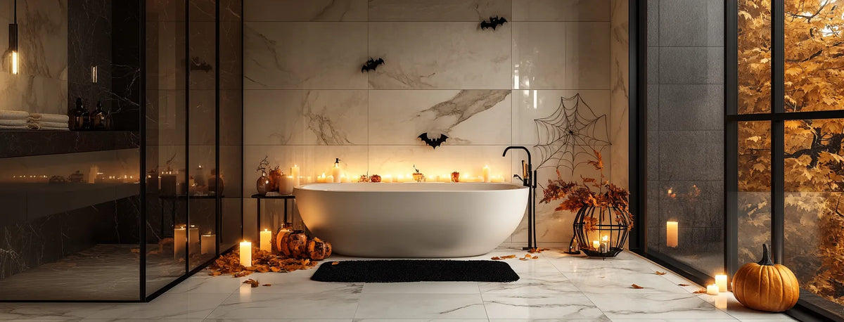 Ace Decor Halloween bathroom with freestanding bathtub, candles and pumpkins. Halloween Final Sale, Up to 36% Off!