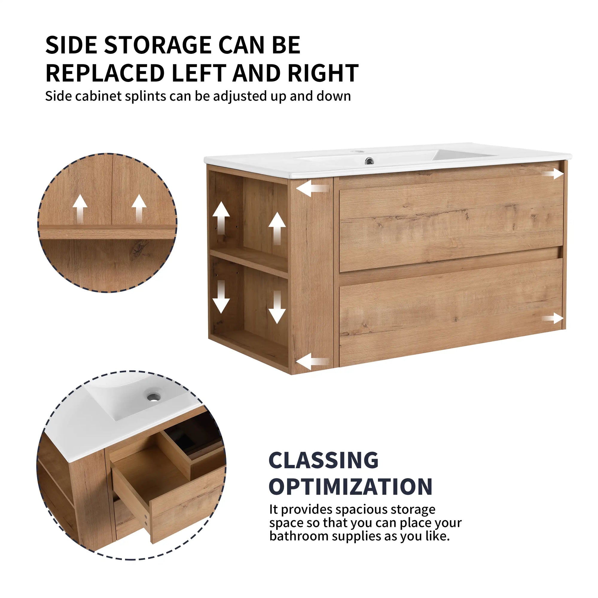 36" wall mounted bathroom vanity with adjustable side storage shelves and double drawers | Ace Decor