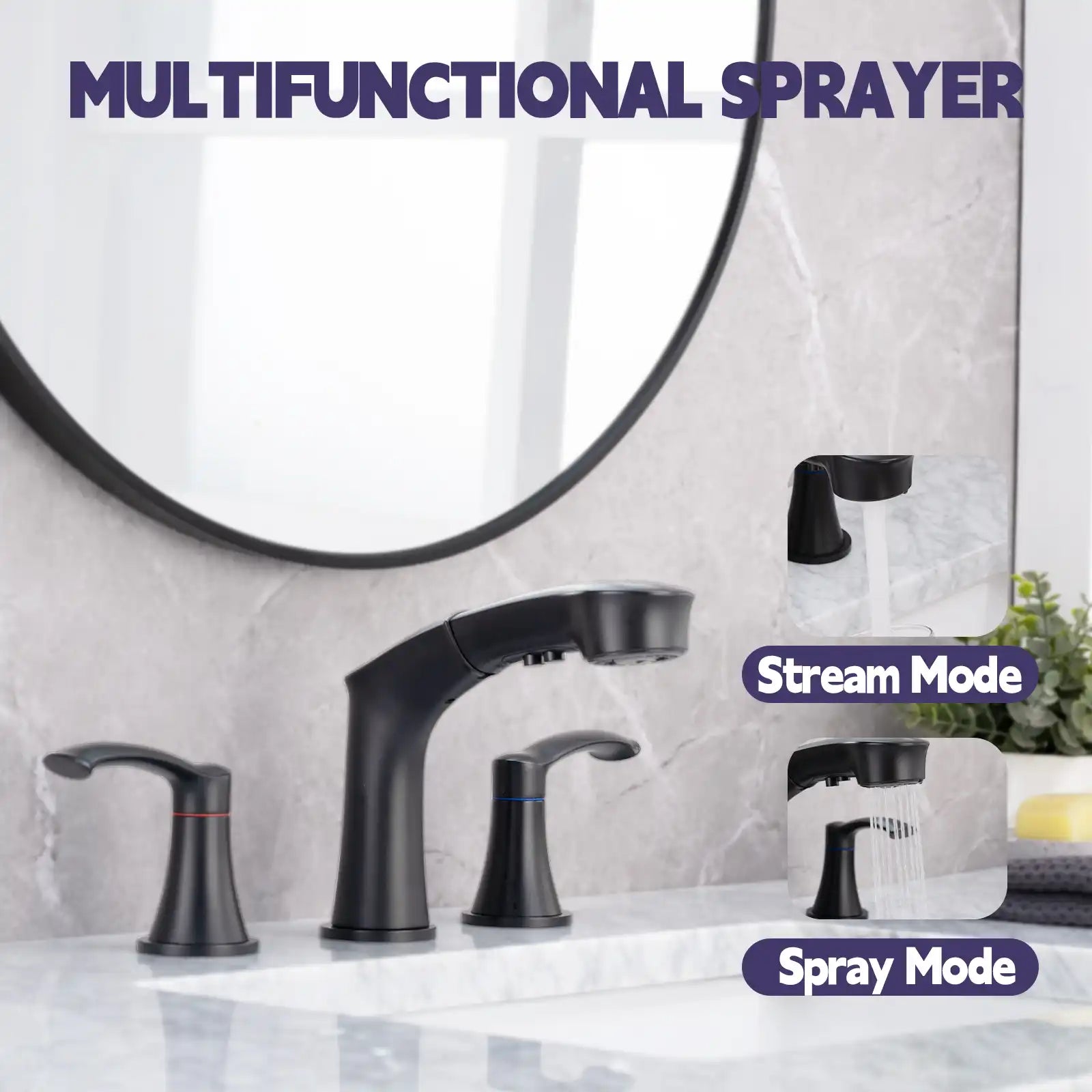 Harbor Series matte black bathroom faucet sprayer with bubble stream and spray functions.
