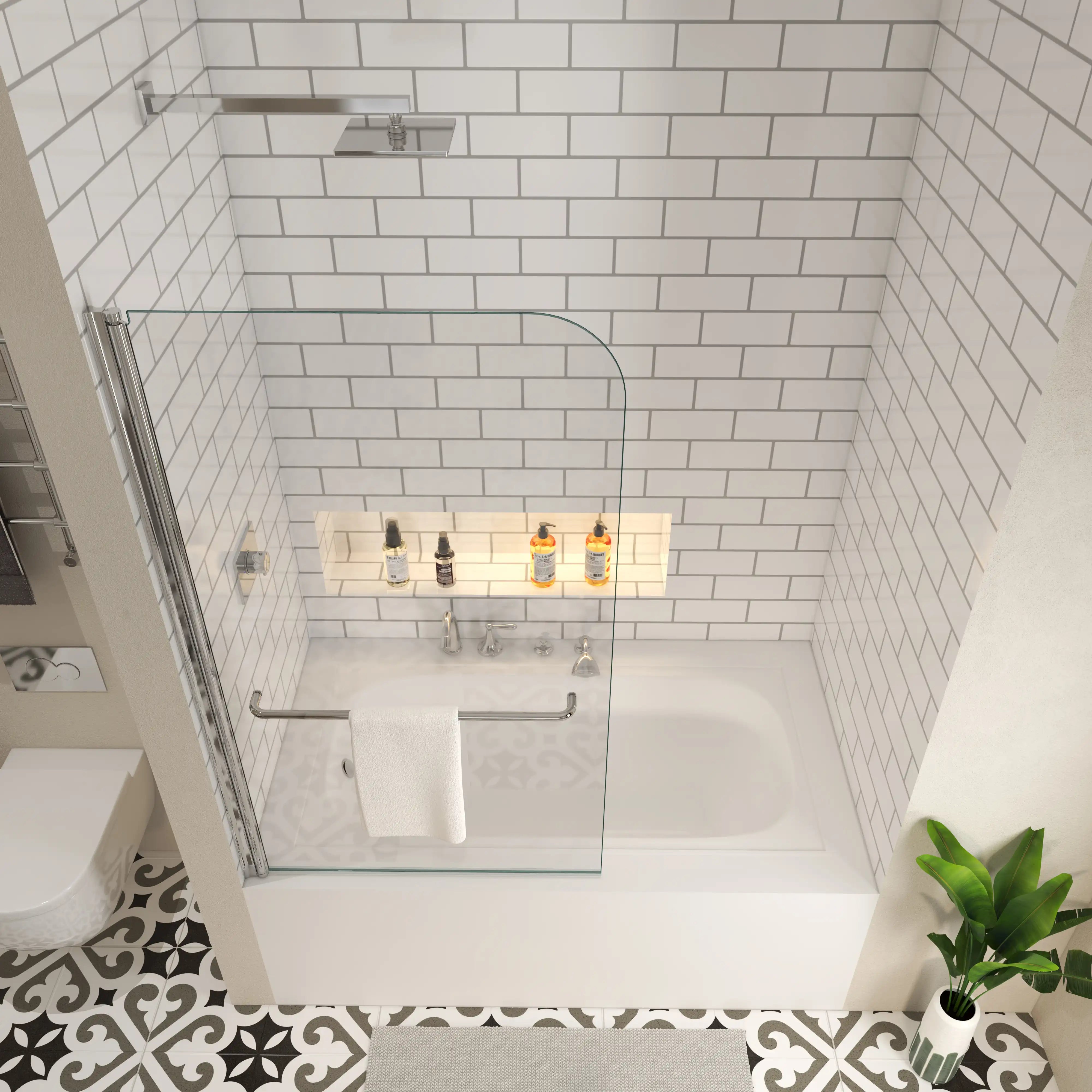 34 x 58 frameless bathtub shower door with chrome handle shown in a tub-shower combination | Ace Decor