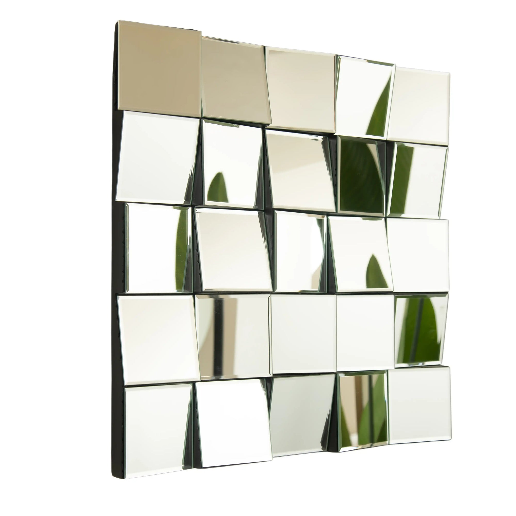 Side angle of 24-inch modern entryway mirror and bench wall mirror with beveled cube design | Ace Decor