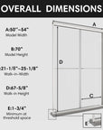 Overall dimensions of framed bypass shower door 54 x 70 showing width, height, and walk-in size specifications. | Ace Decor