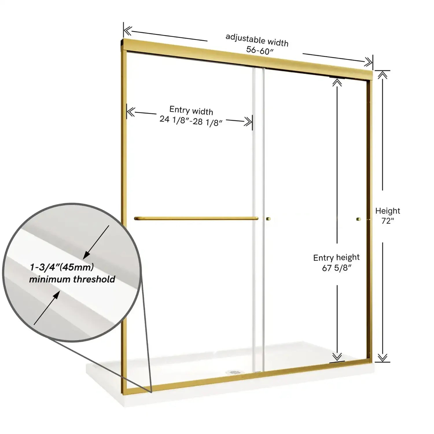 Diagram of a 60 x 72 framed shower door in brushed gold showing adjustable width, entry height, and minimum threshold specifications | Ace Decor
