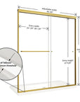 Diagram of a 60 x 72 framed shower door in brushed gold showing adjustable width, entry height, and minimum threshold specifications | Ace Decor