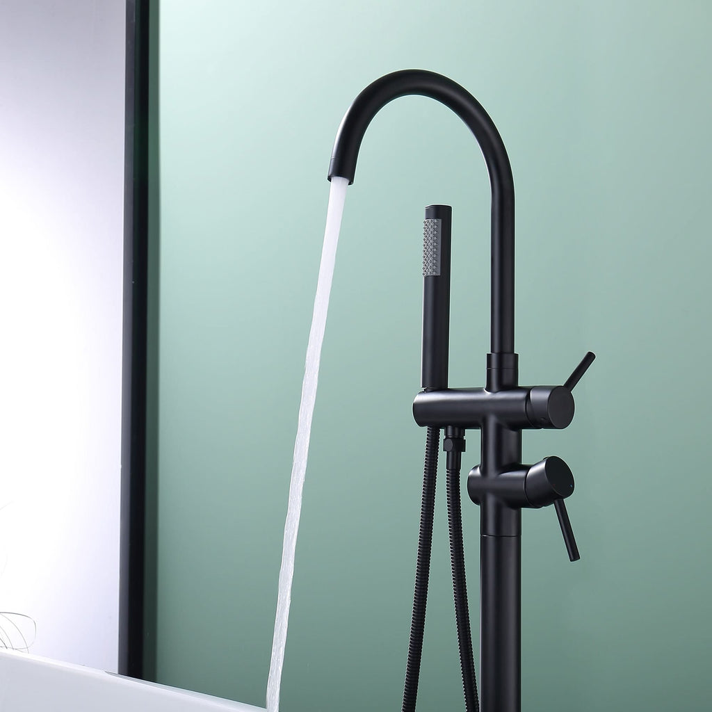 Freestanding Black Tub Faucet with Handheld Shower in use, water flowing into bathtub.