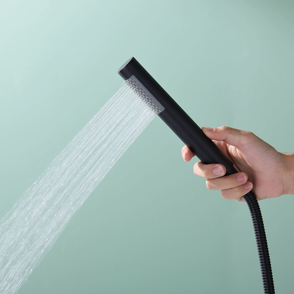 Handheld shower of Freestanding Black Tub Faucet, ergonomic design providing strong and even water flow.