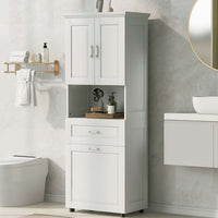 White 69.92-inch tall bathroom linen cabinet styled in a modern bathroom to highlight its sleek design and smooth finish.
