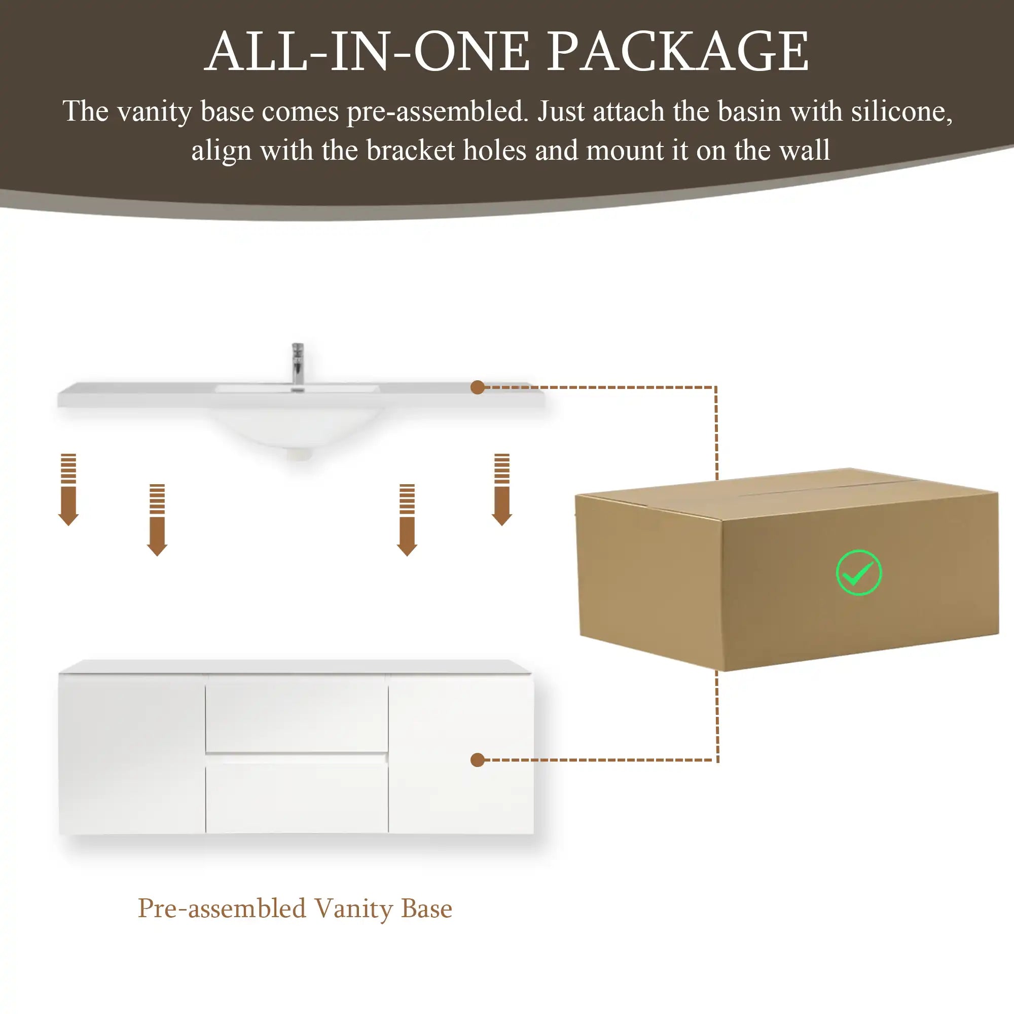 59 inch bathroom vanity all-in-one package with pre-assembled base for easy wall-mounted installation | Ace Decor