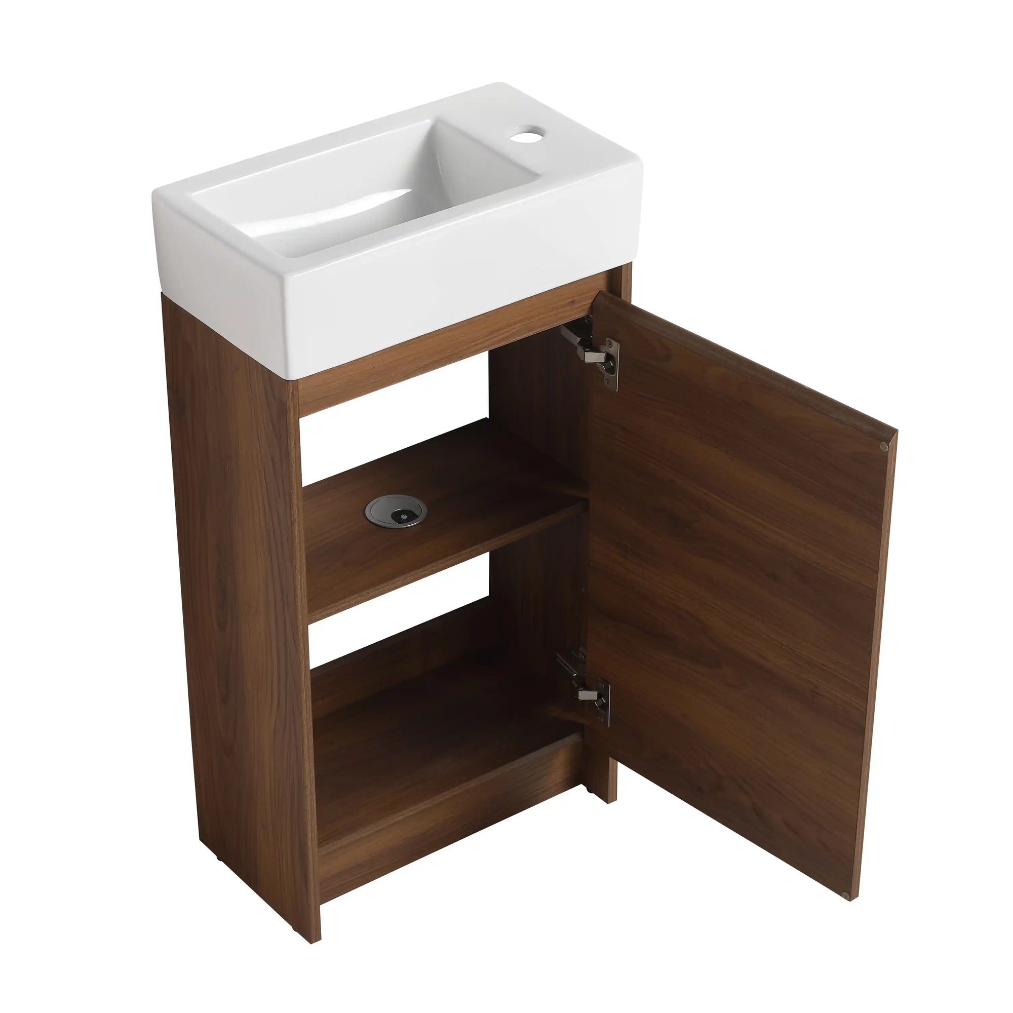 18" small bathroom vanity with sink interior view with open door and storage shelf | Ace Decor