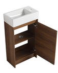 18" small bathroom vanity with sink interior view with open door and storage shelf | Ace Decor
