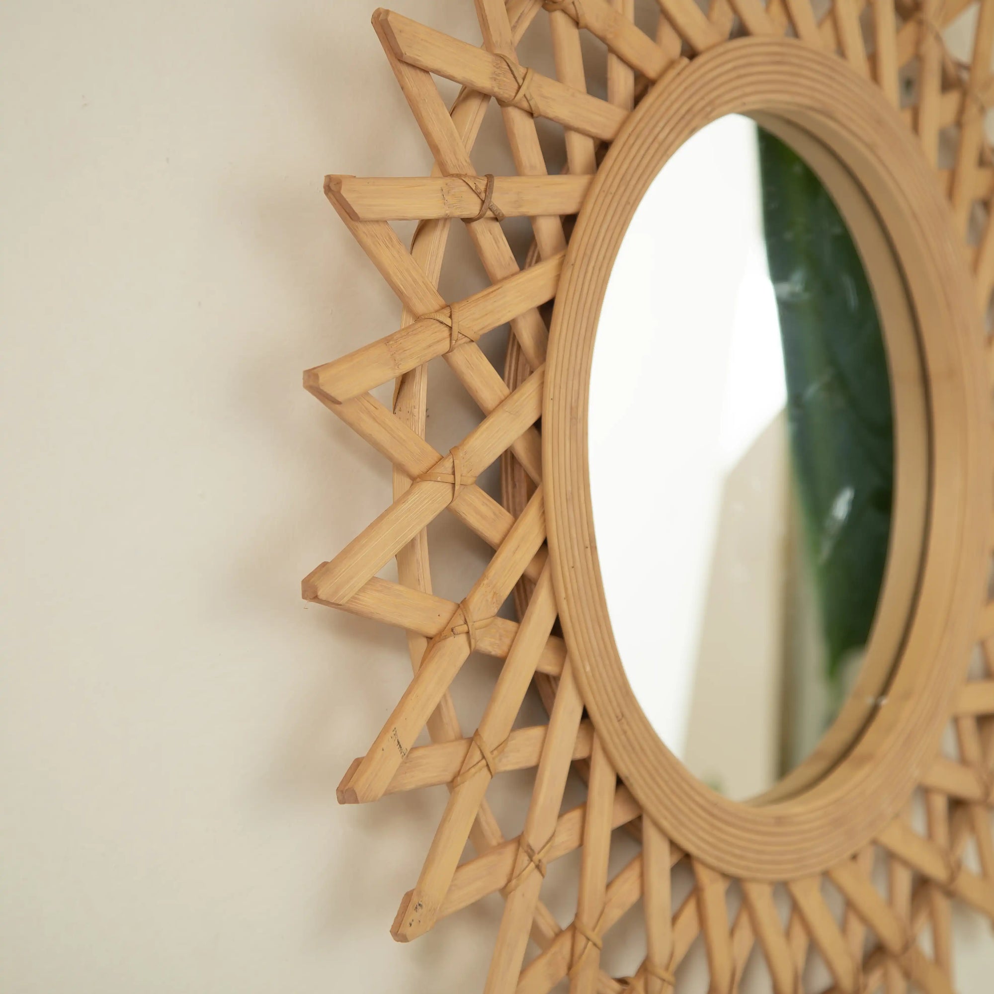 Close-up of the 24-inch bamboo bathroom mirror with handcrafted sunburst weave | Ace Decor
