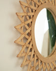 Close-up of the 24-inch bamboo bathroom mirror with handcrafted sunburst weave | Ace Decor