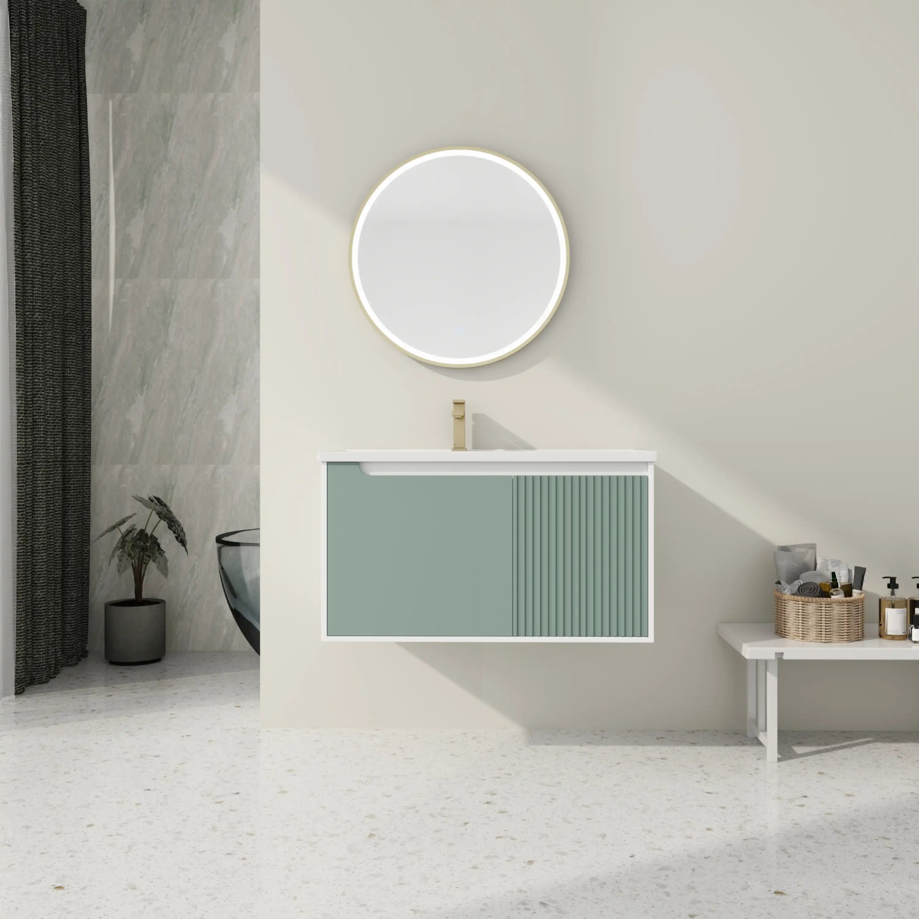 Front view of mint green 36 bathroom vanity sink with round mirror | Ace Decor