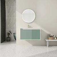 Front view of mint green 36 bathroom vanity sink with round mirror | Ace Decor