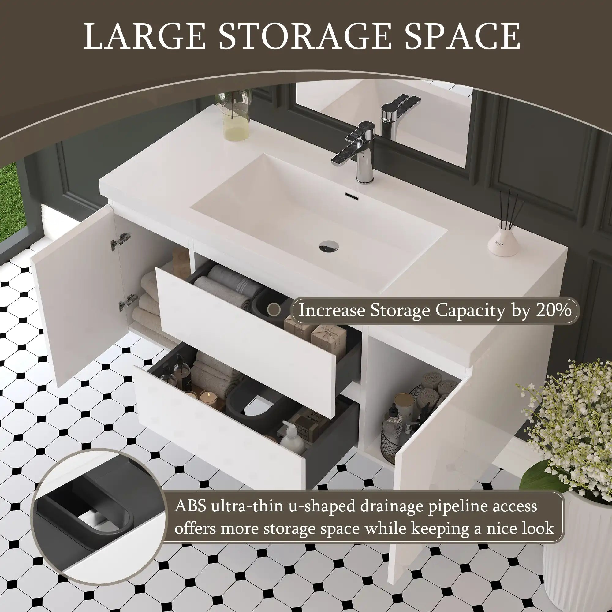 48 inch white floating bathroom vanity with large storage space and U-shaped drawer design | Ace Decor