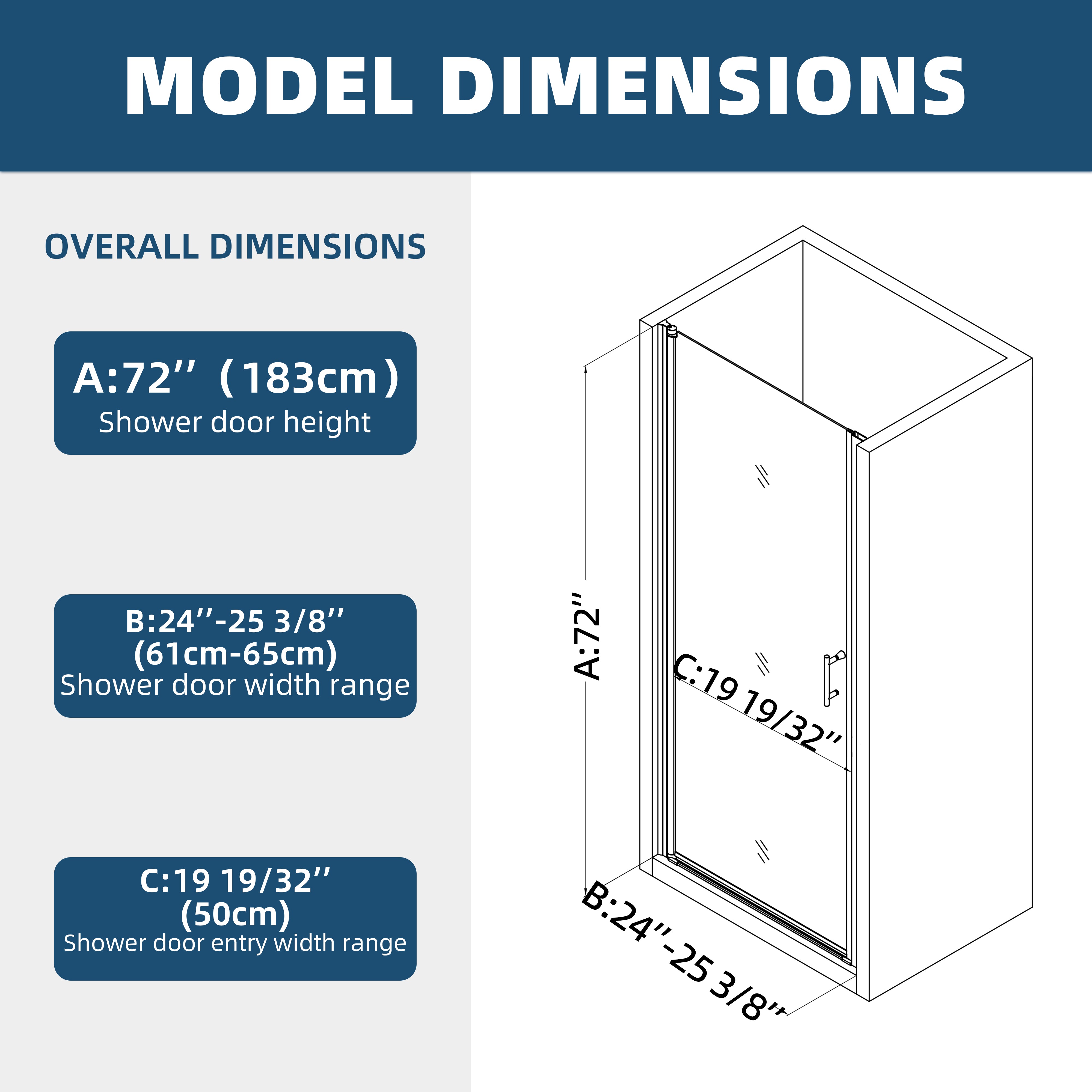 24/28/30/32/34/36*72 Pivot Shower Door Matte Black Chrome Frameless