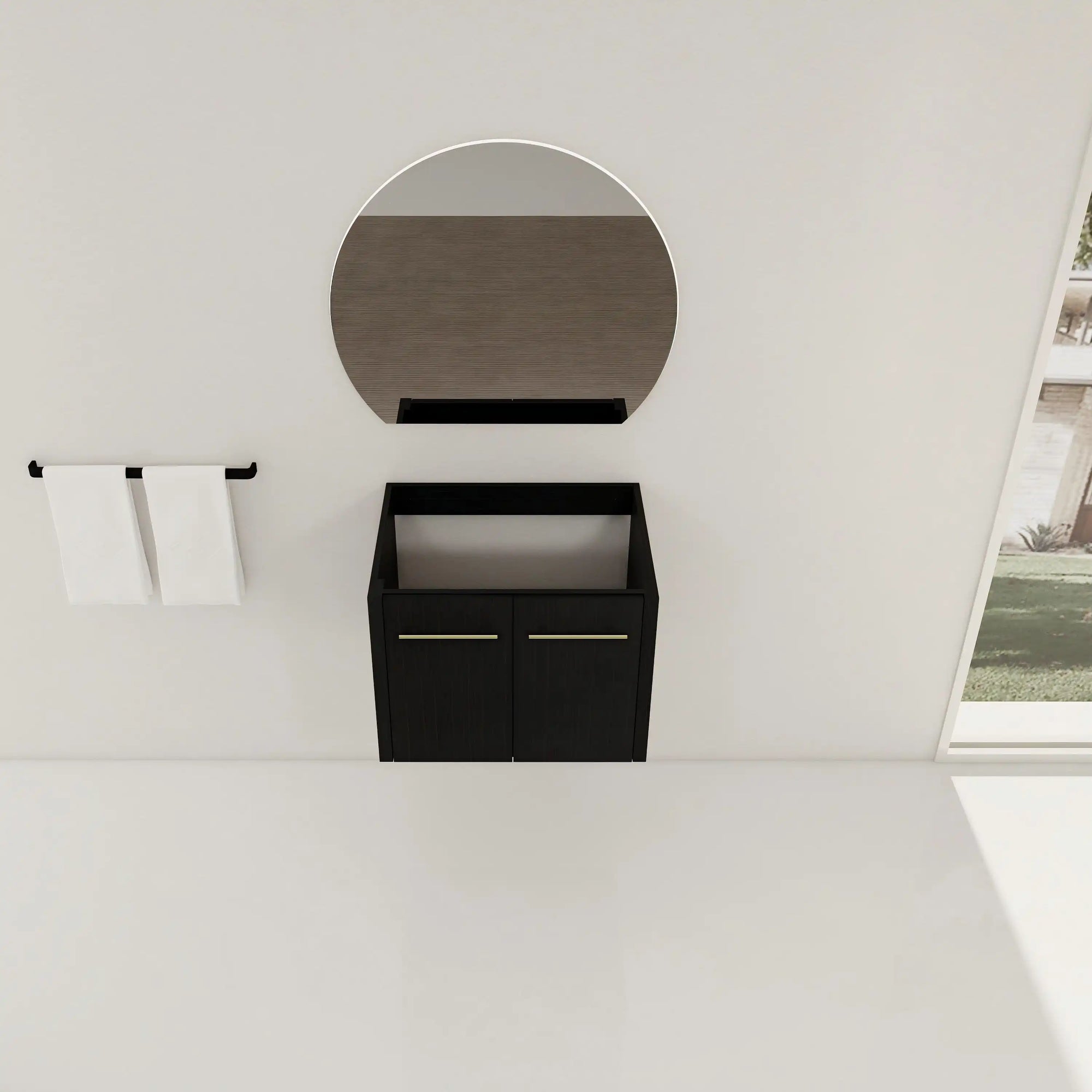 24" wall-mounted bathroom vanity no sink with round mirror modern setup | Ace Decor