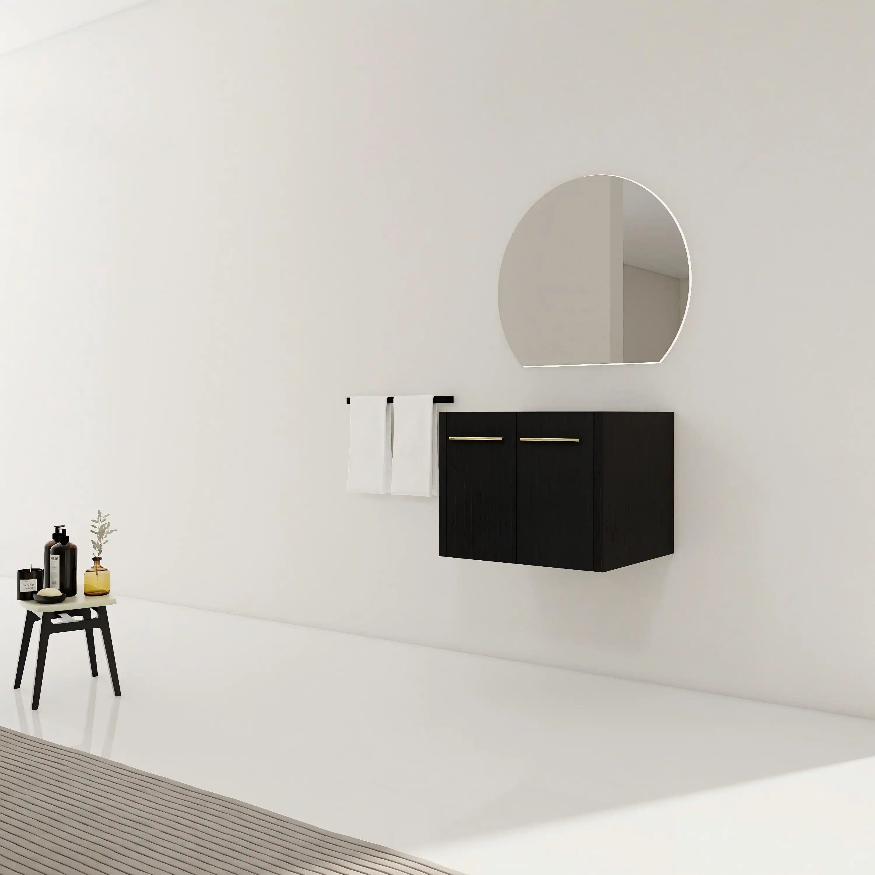 24" floating bathroom vanity no sink black chestnut side view minimalist bathroom.