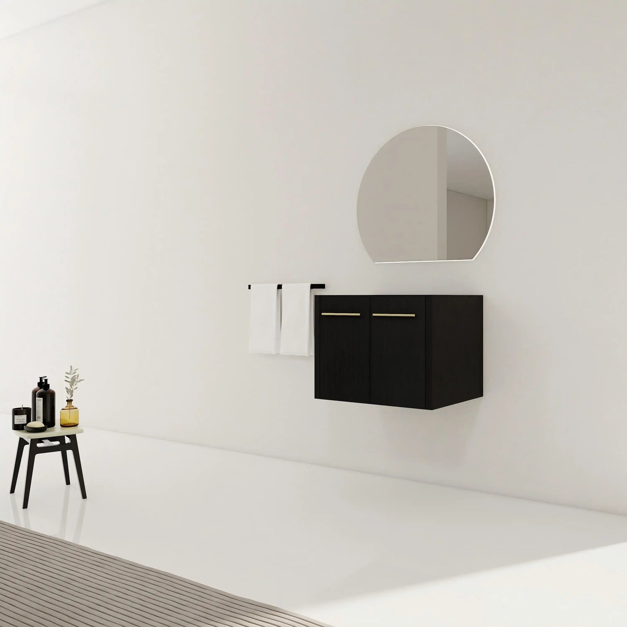 24" floating bathroom vanity no sink black chestnut side view minimalist bathroom | Ace Decor