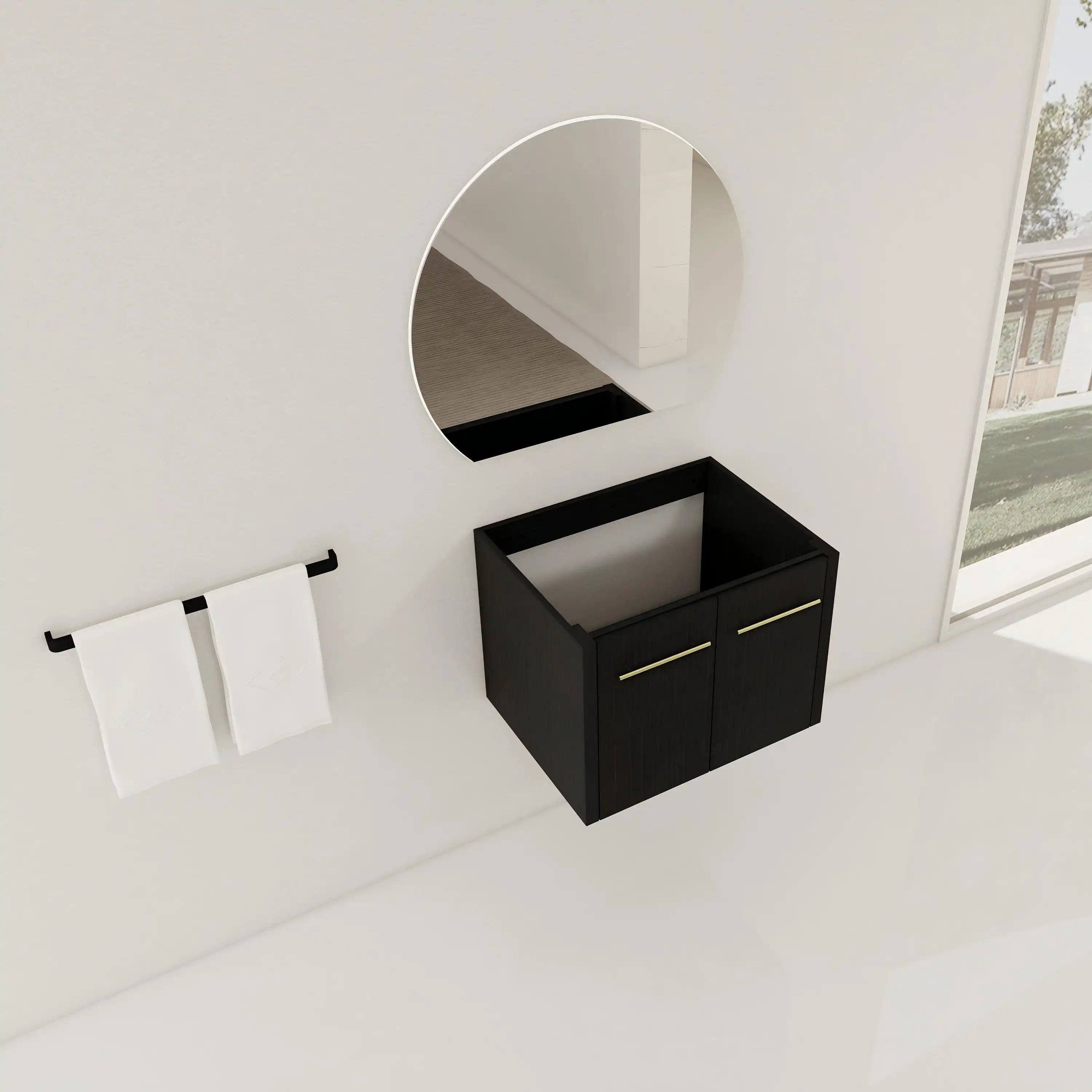 24" wall-mounted bathroom vanity no sink modern bathroom setup with mirror and towel bar.