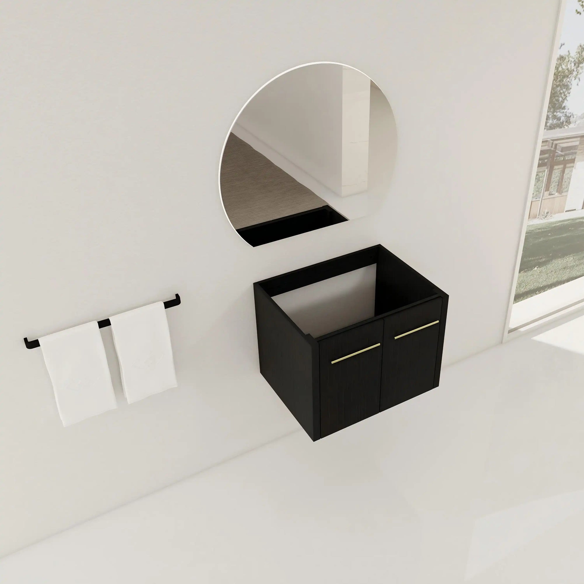 24" wall-mounted bathroom vanity no sink modern bathroom setup with round mirror | Ace Decor