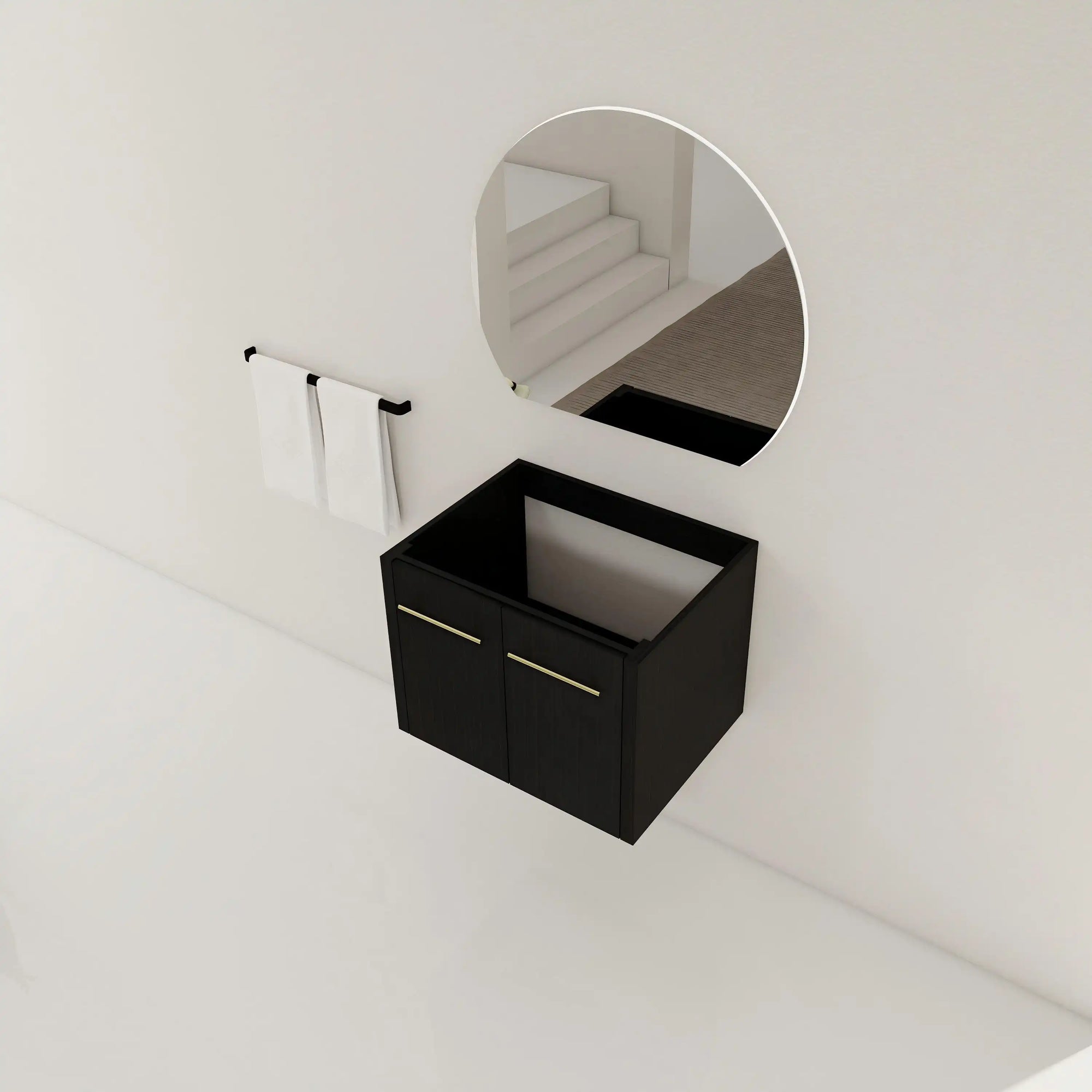 24" floating bathroom vanity no sink black chestnut angled view with mirror | Ace Decor