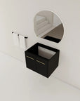 24" floating bathroom vanity no sink black chestnut angled view with mirror | Ace Decor