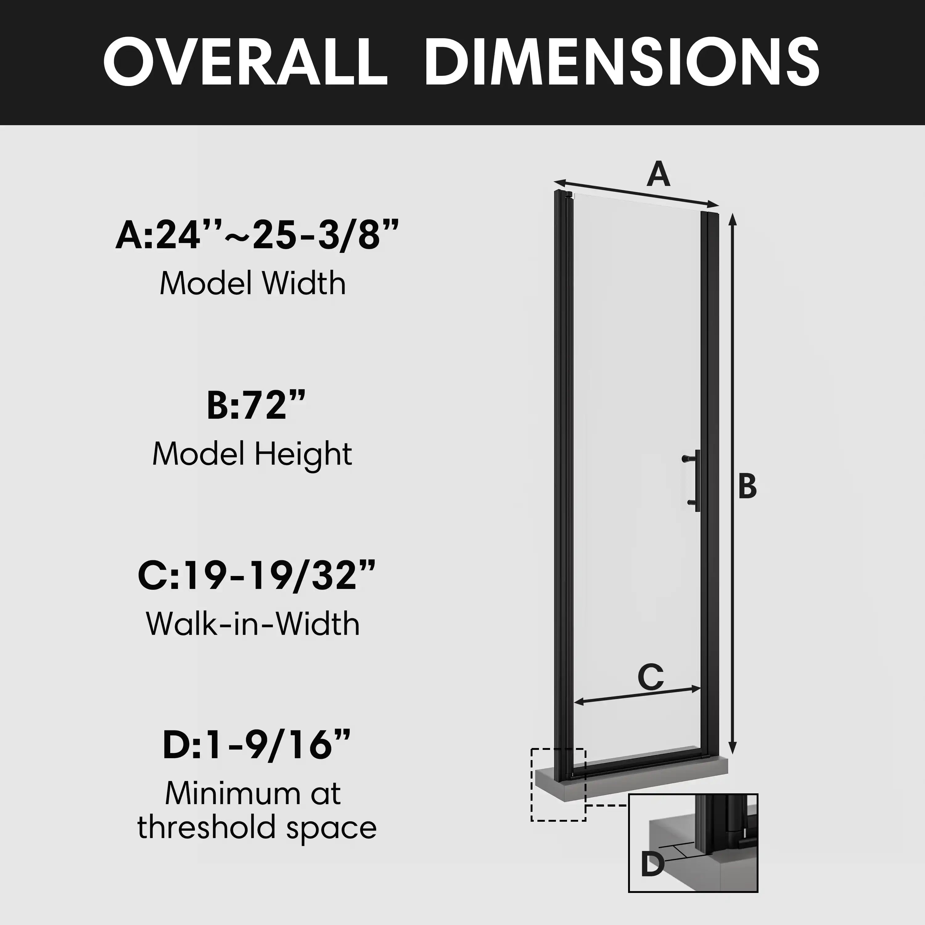 Model dimensions of 24x72 semi-frameless pivot shower door with height, width, and entry measurements.