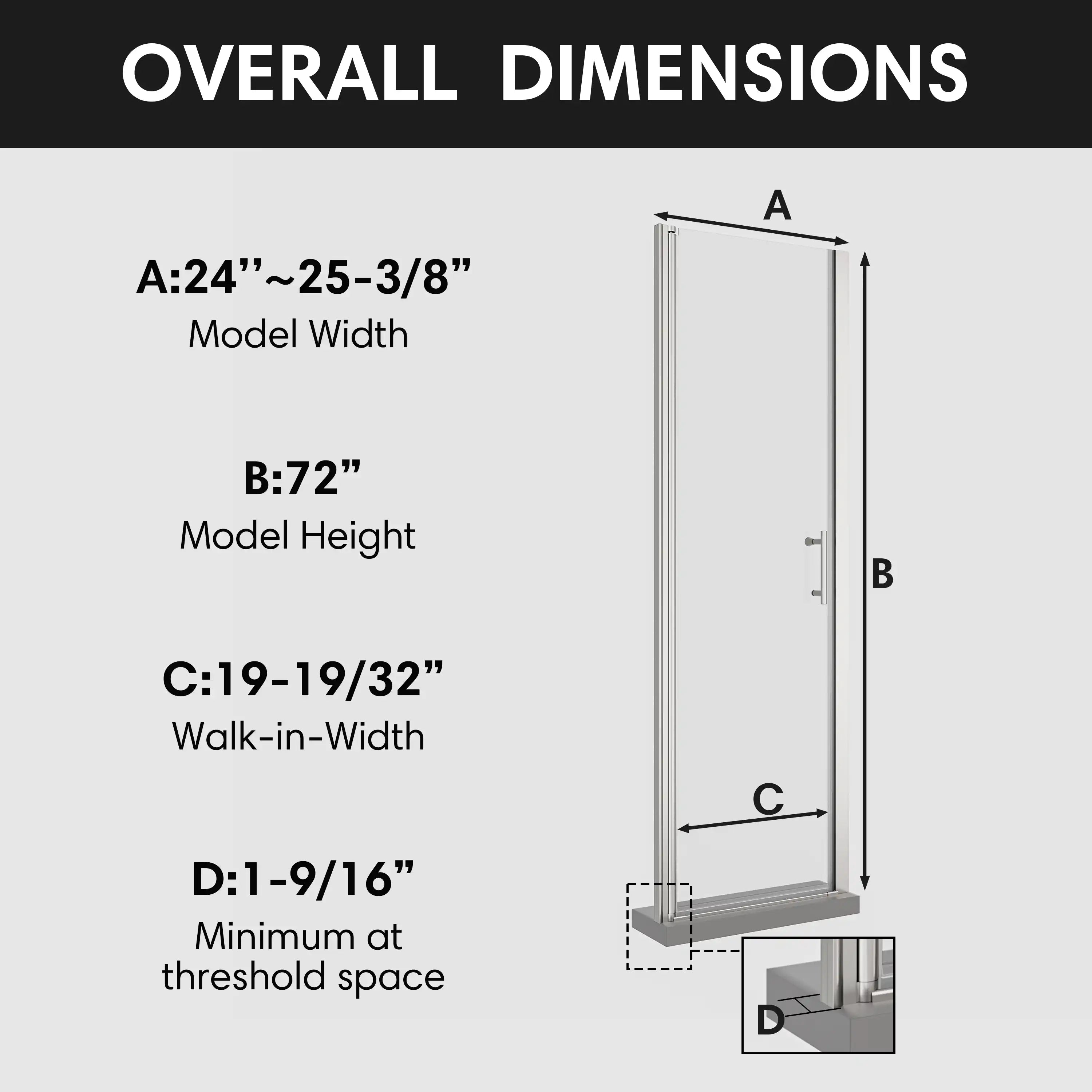 Model dimensions of 24x72 semi-frameless pivot shower door with height, width, and entry measurements.