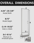 Model dimensions of 24x72 semi-frameless pivot shower door with height, width, and entry measurements.